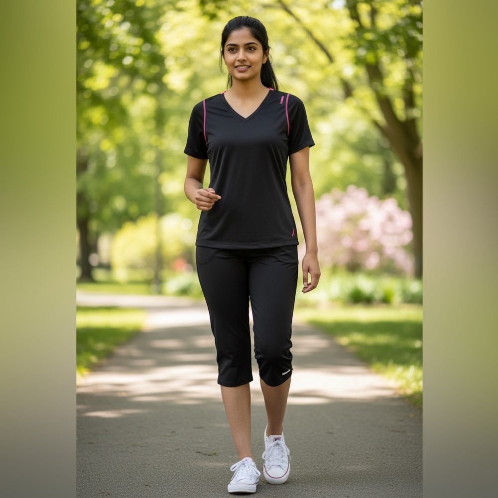 Women's XL Reebok Capri Leggings & Tee Set Black and Pink Workout